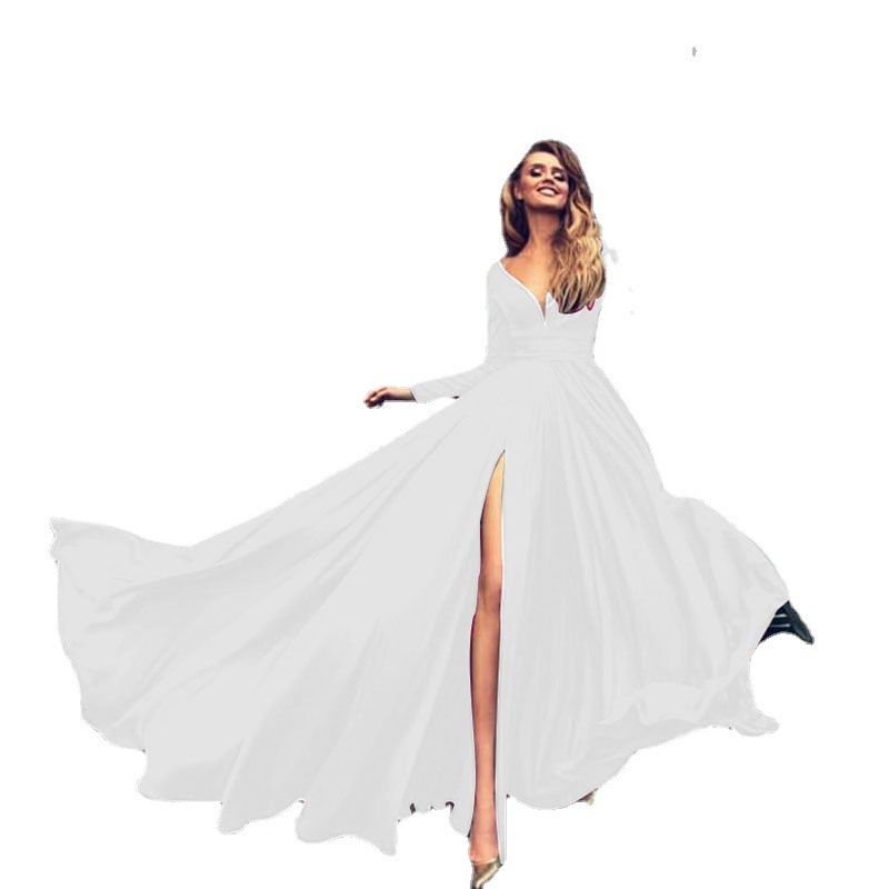 2025 European and American Export Hot Wheat New Dress Ebay Amazon Milk Silk Sexy Deep V Long-Sleeved Dress