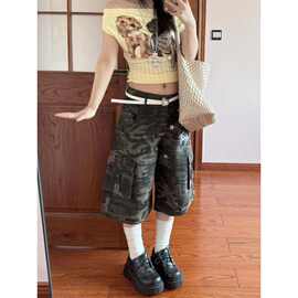 辣妹复古直筒牛仔七分裤女夏季新款迷彩印花宽松显瘦高腰阔腿中裤