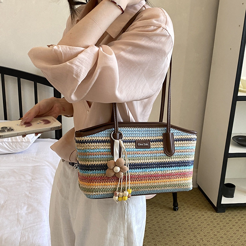 Túi tote đeo vai kẹp nách dáng ngang phong cách tối giản thanh lịch — Kaki sọc, Màu sắc, Màu xanh da trời, màu kaki