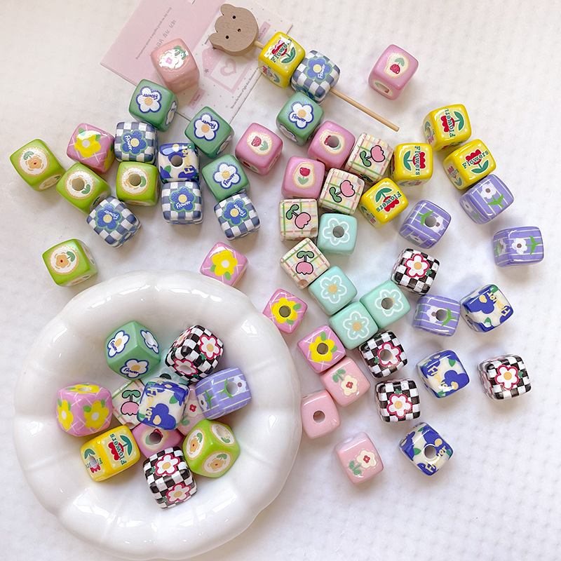 【元气花园】棋盘格郁金香花朵爱心方块串珠DIY手工手机链配件珠|undefined