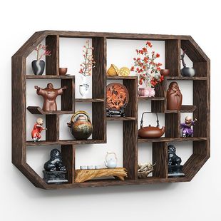 Solid Wood New Chinese Style Wall-Mounted Tea Set Display Rack Simple Modern Multi-Treasure Cabinet Antique Rack