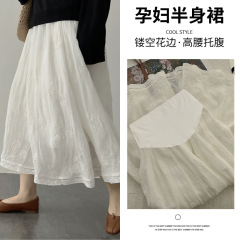 現物妊婦服新型夏文芸超仙綿麻刺繍白色a字痩せスカート中丈スカート