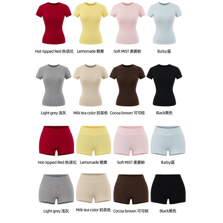 Right Shoulder Round Neck Short-Sleeved t High-Waisted Shorts Yoga Sports Suit Women's Summer Nude Elastic Top Tight Short Hot Pants