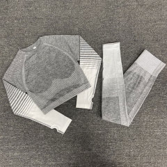 Eurasian cross-border gradient seamless knitting nylon yoga set long sleeve midriff-baring buttock-lifting exercise fitness set for women