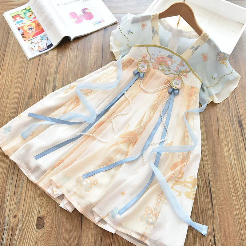 Hanfu для девочек, новый летний костюм Тан, улучшенное платье в китайском стиле, юбка до груди для маленьких девочек, выступление Guzheng