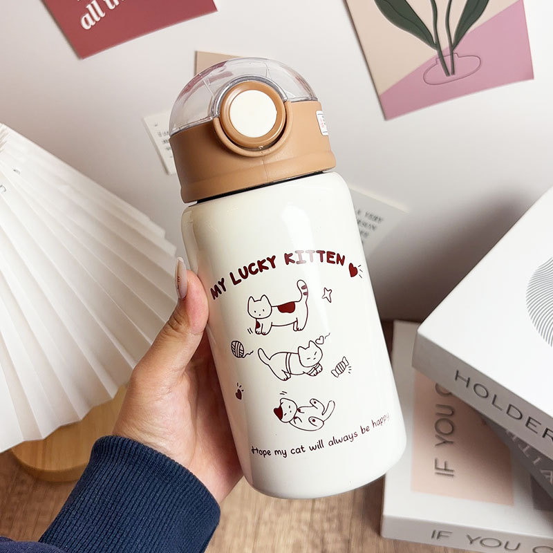 Taza termo de gatito simple, linda chica de alto valor, taza de sorbente para estudiantes, taza para beber doble de acero inoxidable 316 para niños