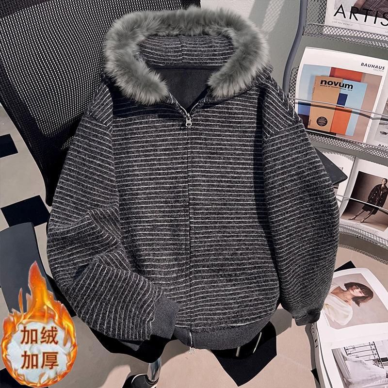 American Retro Stripesd Hooded Sweatshirt Jacket for Women in Autumn and Winter Fleece-Lined Loose Fur Collar Outer Zipper Cardigan Top American Retro Stripesd Hooded Sweatshirt Jacket for Women in Autumn and Winter Fleece-Lined Loose Fur Collar Outer Zipper Cardigan Top