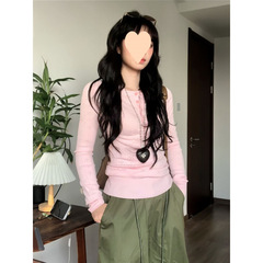 美式长袖恤女春季2025新款辣妹镂空针织衫修身打底设计感上衣