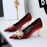 9527-H97 French style elegant temperament high heels women's rhinestone flower pointed shallow mouth thin heels, one foot sole