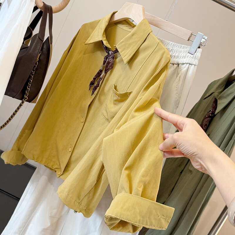 Yellow collared long-sleeve shirt for women, new autumn design, loose, fashionable, casual, drawstring scarf, short top Yellow collared long-sleeve shirt for women, new autumn design, loose, fashionable, casual, drawstring scarf, short top