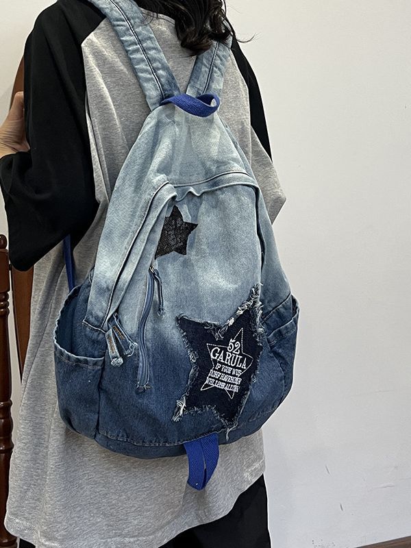 Foreign Trade Gradient Denim Backpack Student Schoolbag College Student Backpack Large Capacity Lightweight Large Backpack for Women