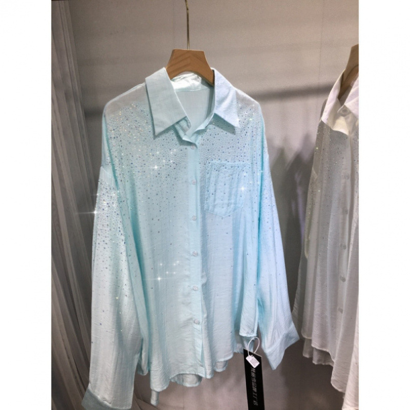 Free Shipping European Heavy Industries Hot Drilling Shirt Women's Cool Loose Mid-length Elegant Thin Cardigan Slimming Sunscreen Shirt