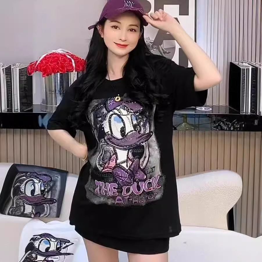 Estación europea Donald impreso camiseta de manga corta para mujeres 2024 verano nuevo estilo relajado delgado de moda casual image 7