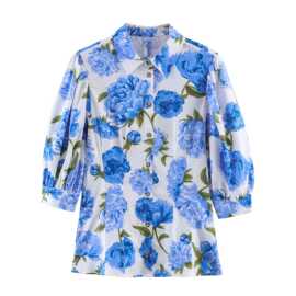 PB&ZA女装2026春季时尚气质简约度假风花朵印花府绸衬衫2472129