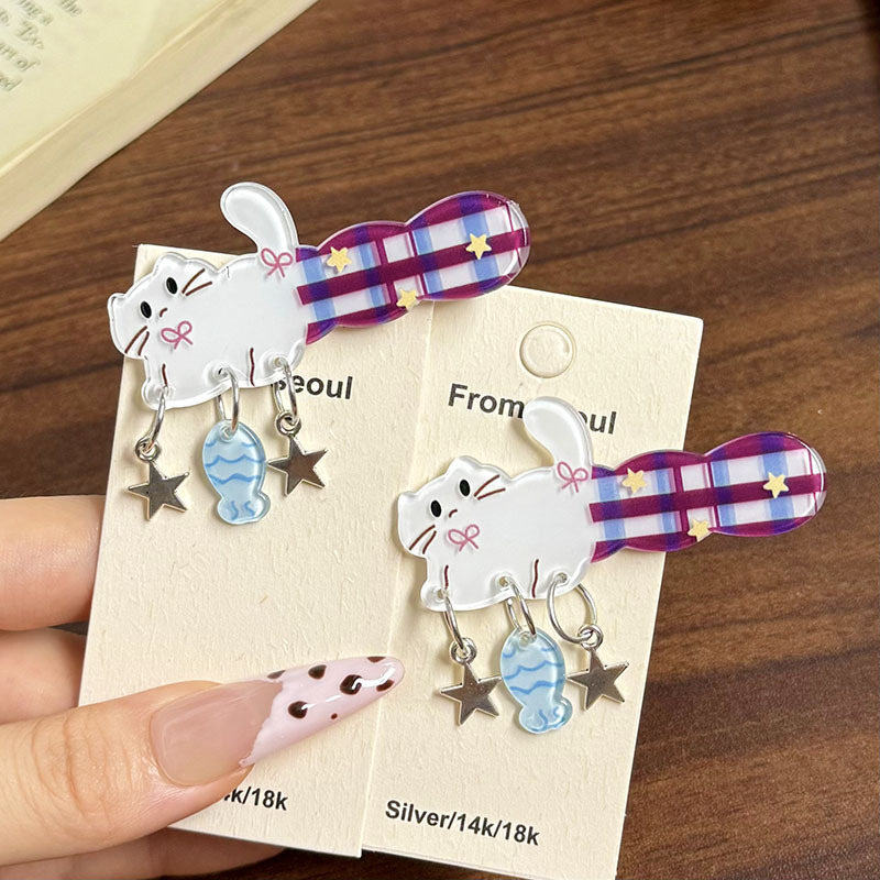 New Style Kitten Fishing Unique Red and Blue Checkered Acrylic Cat Hairpin Blue Fish Pendant Hair Accessory Side Clip New Style Kitten Fishing Unique Red and Blue Checkered Acrylic Cat Hairpin Blue Fish Pendant Hair Accessory Side Clip