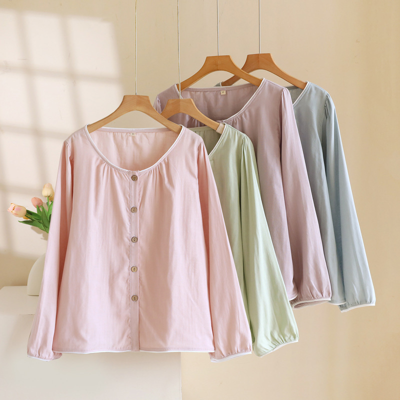 Pure Cotton Pajamas Women's Single-Piece Tops Spring, Autumn and Summer Long-Sleeved Thin Pure Color Jackets Pure Cotton Gauze Home Wear Tops