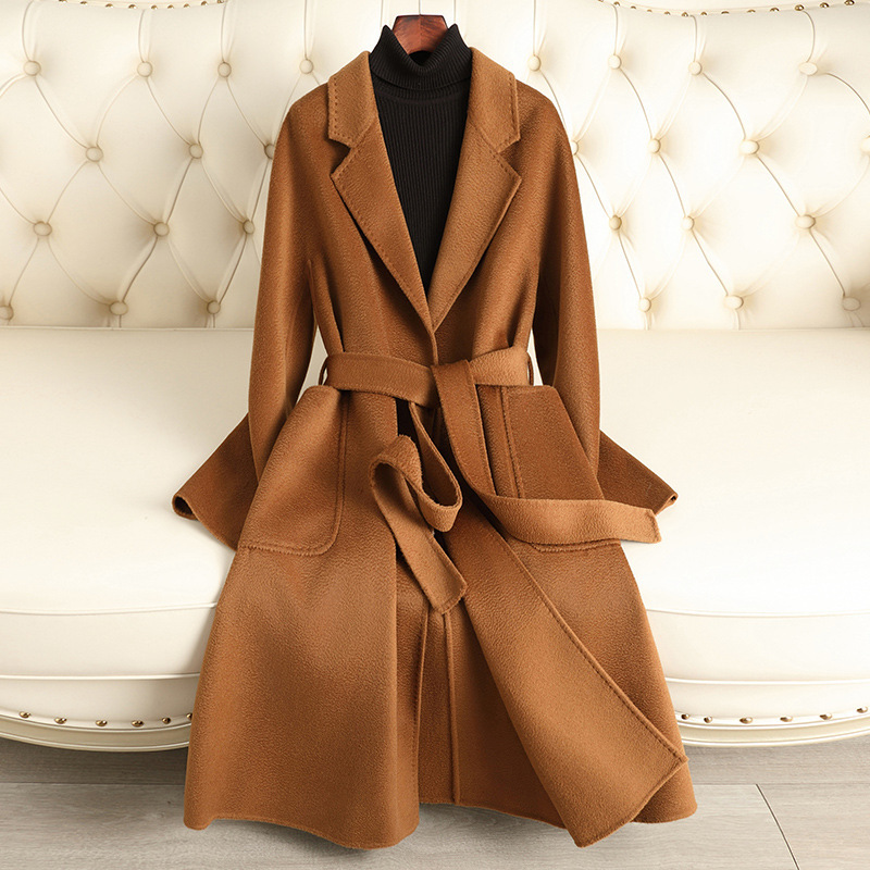 M Brand Water Ripple Double-Sided Wool Coat for Women, Long Style, 2025 Autumn and Winter New Model, Over-The-Knee High-End Woolen Coat