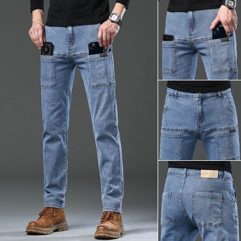 Spring and Summer Thin Six-pocket Jeans Men's Elastic Straight Men's Trousers Multi-pocket All-match Casual Leg Jeans