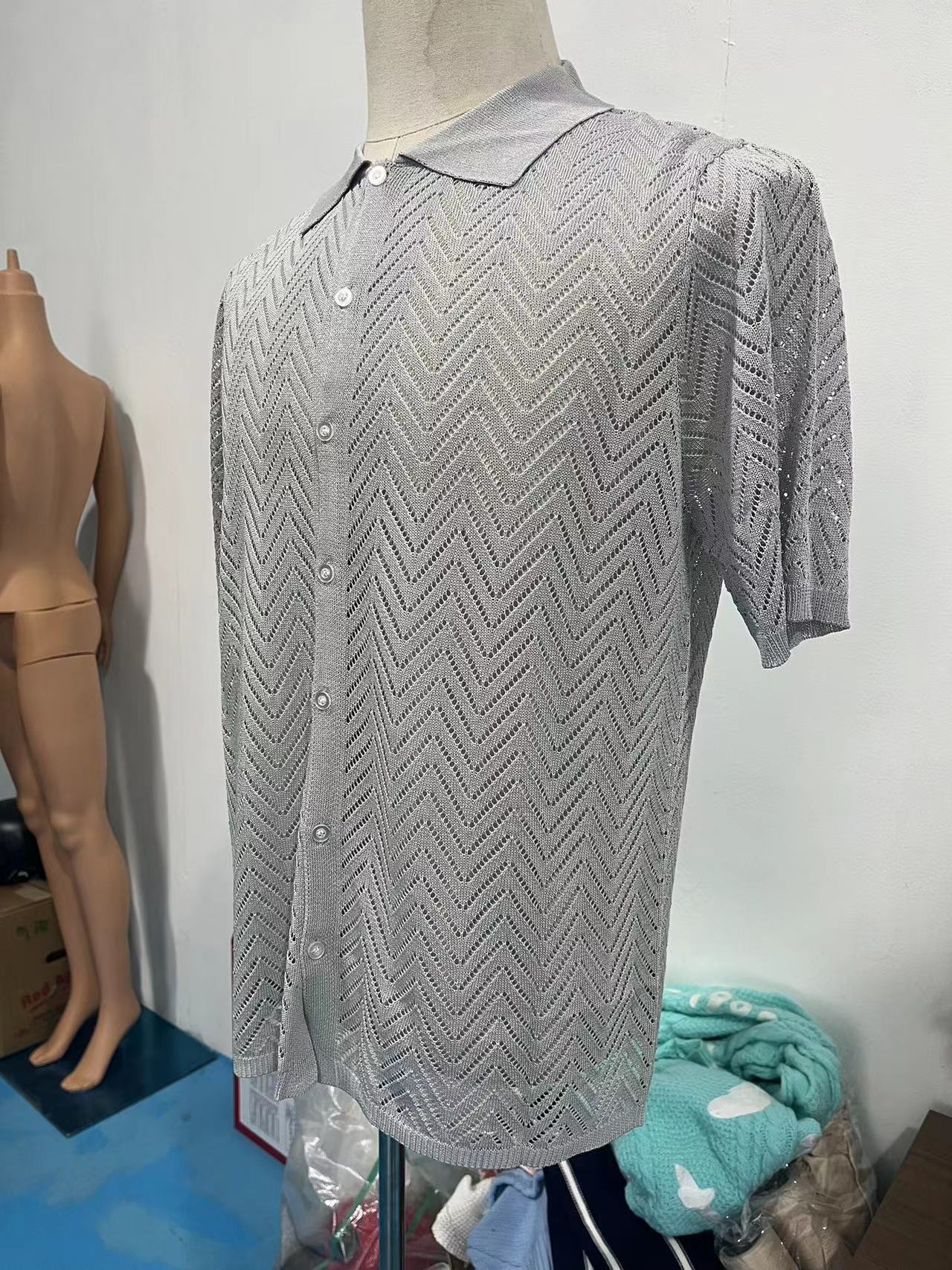 Summer New European And American Casual Knitted Short-sleeve Shirt, Cardigan, Solid Color Hollow Top Men's Clothing_voghion.com