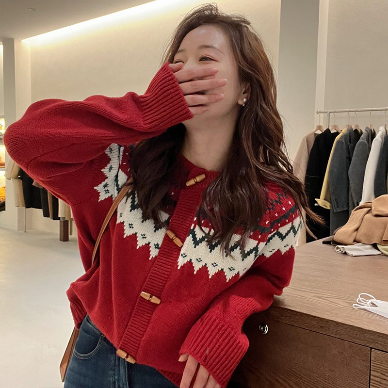 Christmas and New Year Red Fair Isle Sweater for Women 2026 New Spring and Autumn High-End Stylish Lazy Knit Cardigan Christmas and New Year Red Fair Isle Sweater for Women 2026 New Spring and Autumn High-End Stylish Lazy Knit Cardigan