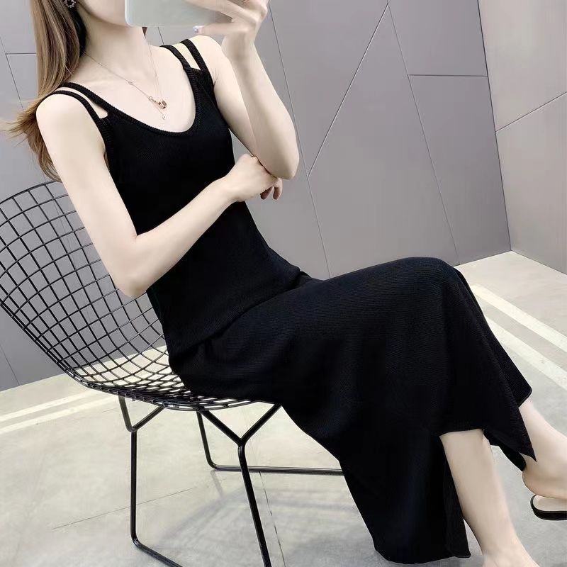 2026 New Summer Ice Silk Spaghetti Strap Dress Ribbed Dress for Women, Mid-Length, Slimming, Stylish, Versatile, Tummy-Covering Dress