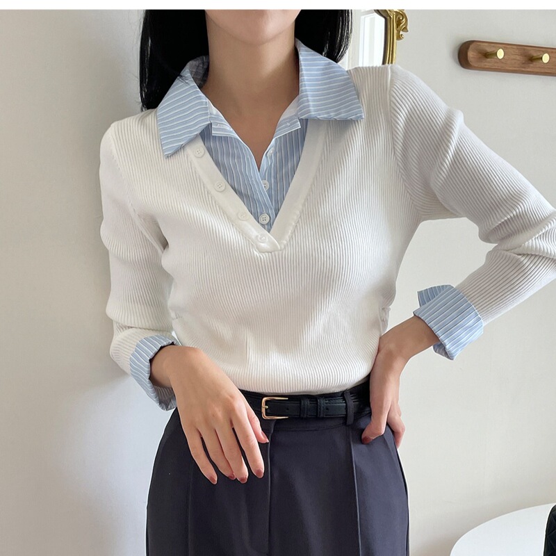 Korean-style versatile color-block striped knit top with a layered look, long sleeves, and a slimming effect, new autumn 2026 collection