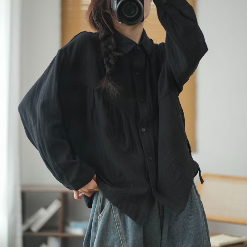 春秋新款文艺长袖衬衫女士双层棉纱纯色褶皱衬衣单排扣打底衫|undefined