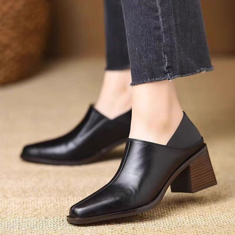 Sheepskin 2024 Spring and Autum Square Toe Thick Heel Deep Mouth Flats Women's Shoes Thick Heel High Heels Simple Fashion Shoes Black