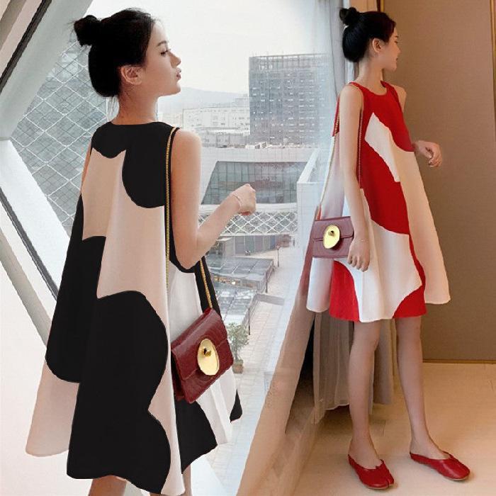 Maternity dress with Korean style for plus-size women, summer loose dress for large women, sleeveless medium-length dress for women