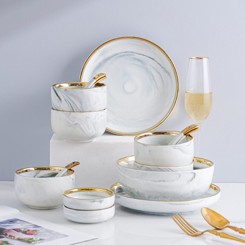Nórdico creativo borde dorado mármol cerámica tazón vajilla traje hogar Luz de lujo Internet Celebrity Bowl placa combinación traje