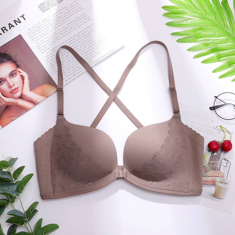 Sujetador inalámbrico de verano cómodo transpirable push-up mama belleza espalda encaje frontal hebilla ropa interior para mujeres delgadas 3223