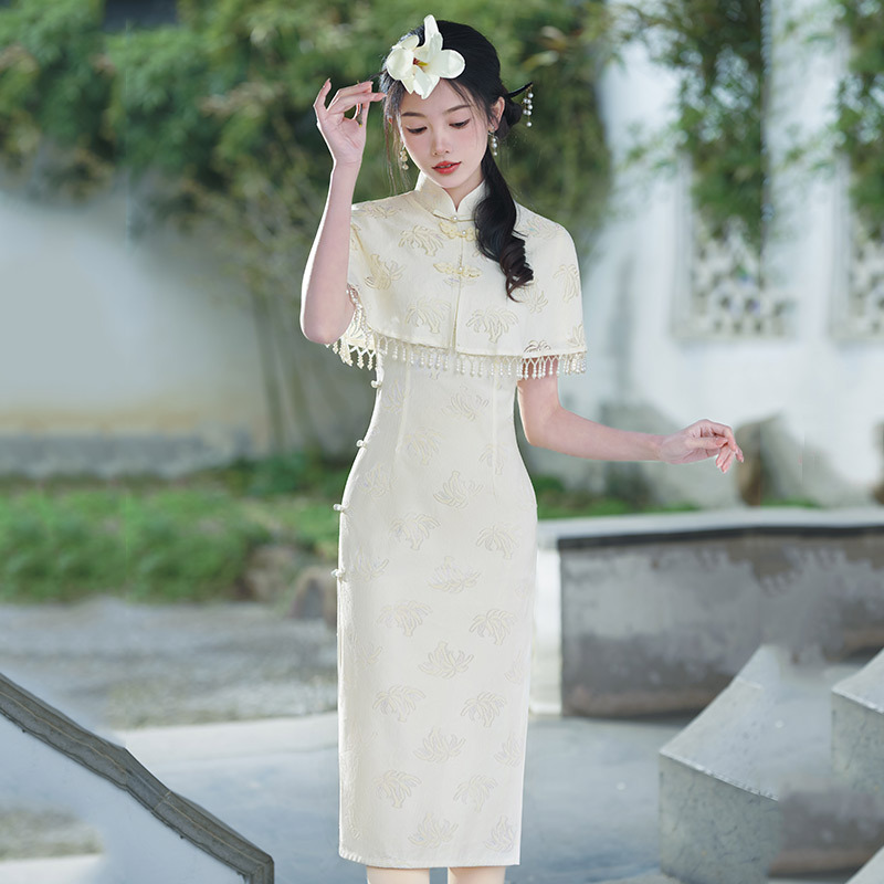 蕾絲新中式改良旗袍2025新款年輕款少女復古短袖披肩兩件套春夏裝