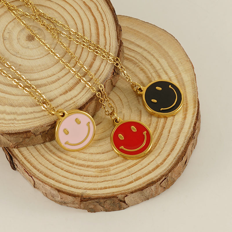 18k oro acero inoxidable redondo feliz smiley cara collar hembra ins Acero inoxidable europeo y americano aceite goteo smiley cara expresión colgante