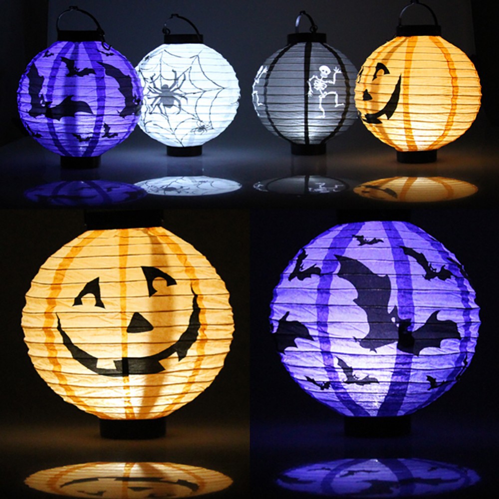 Transfronterizo Halloween led linterna luminosa colgante plegable caja de baterías linterna calabaza cara murciélago linterna de papel