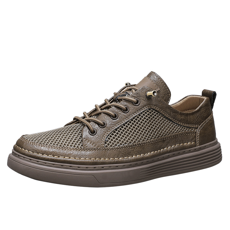 Zapatillas transpirables de malla de ojos grandes de cuero de microfibra de verano 2025 Versión coreana de zapatos negros de suela gruesa en vivo Zapatos de hombre Douyin Tide