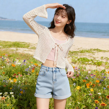 大朗毛衣工厂批发春秋优雅淑女杏色v领长袖楼空外套针织衫女