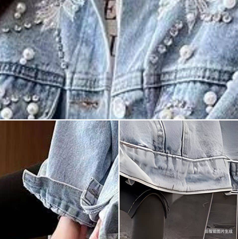 Áo khoác denim nữ dáng rộng đính đá thêu họa tiết, tay dài cổ bẻ — Màu xanh dương chi tiết 5