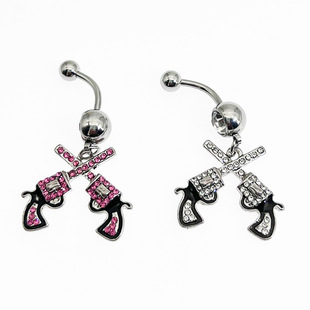 G New Diamond-Encrusted Two-Hand Gun Pendant Stainless Steel Navel Ring Navel Nail Button Navel Piercing Jewelry 1.6X10Mm