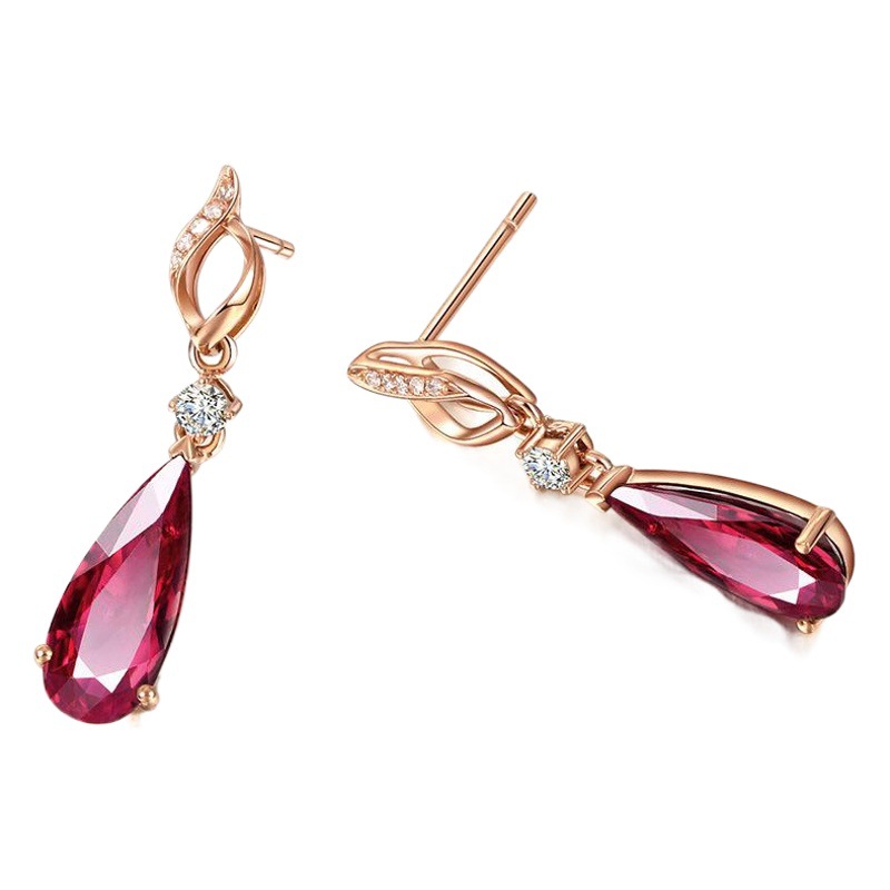 Pulsera de cristal rojo de oro rosa hueco anillo rojo rosa pendientes de rubí en forma de gota traje de cadena de clavícula de turmalina roja