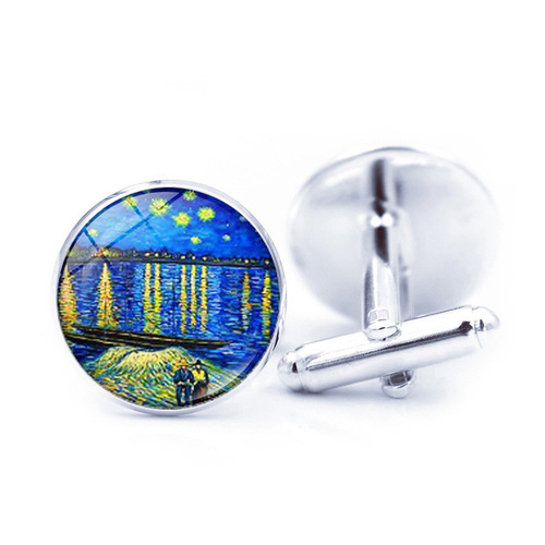 Van Gogh Starry Night Cufflinks Timeless Gemstone French Men's Shirt Silver Cufflinks Cross-border Bestselling Accessory Wholesale