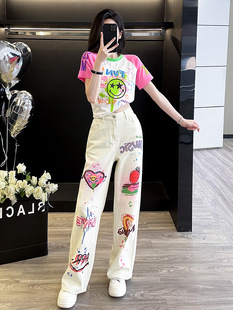 Short summer fashionable trend short sleeve T-shirt, jeans, loose fit