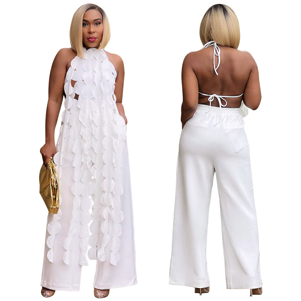 591g Weight Sleeveless Sleeve Length Spandex, Polyester Fabric Type Pant Co-ord Set Sets Type 2 Pieces Set Quantity Holiday, Street Occasion Halter Neck Neckline Loose Fit Type Solid Color Pattern Summer Season Women's Gender Backless Design Sexy, Streetwear Style Holiday Street Women's Sexy Streetwear Solid Color Spandex Polyester Backless Pant Co-ord Set Pants Sets 14