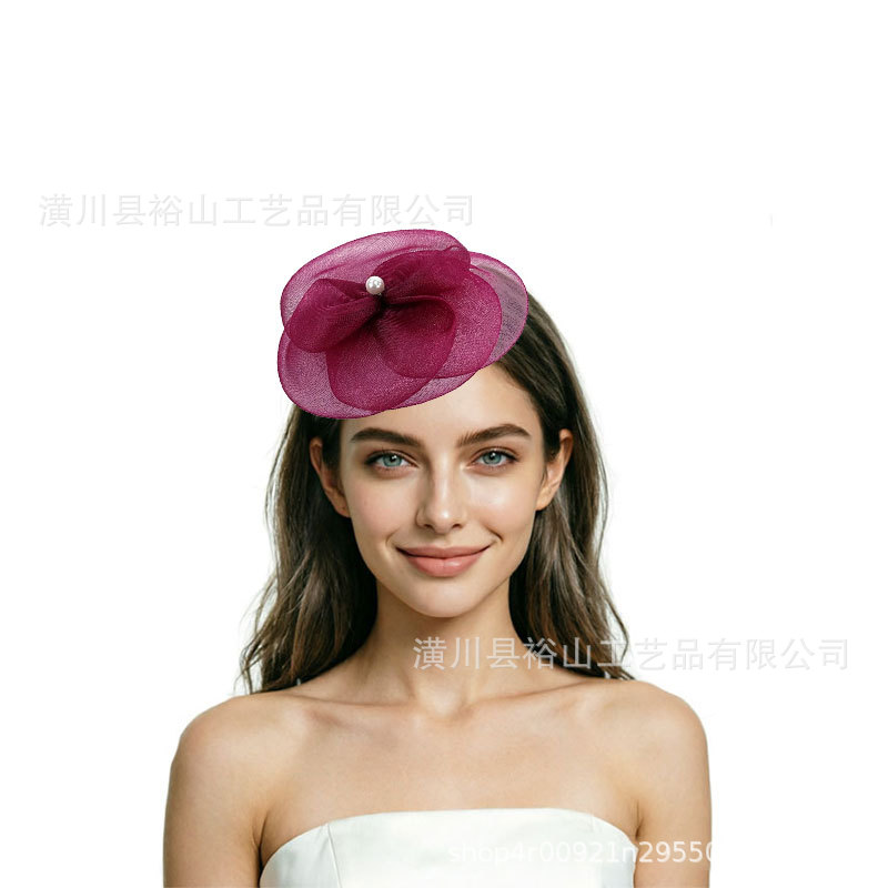 Cross-border popular mesh flower hat with pearl embellishments, horse racing headpiece, European and American banquet bridal party hair accessory