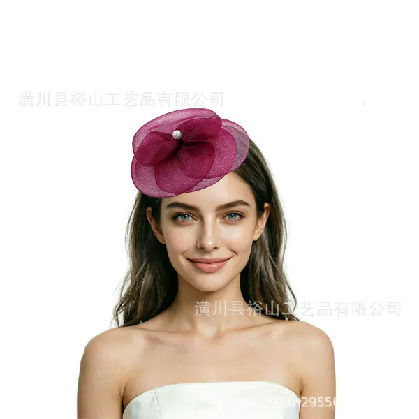 Cross-border popular mesh flower hat with pearl embellishments, horse racing headpiece, European and American banquet bridal party hair accessory