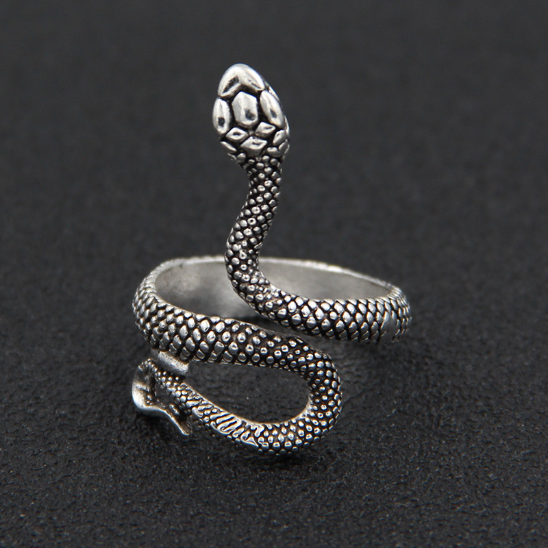 New Cross-Border Retro Silver-Plated Snake Year Ring for Men and Women, Adjustable Alloy Snake-Shaped Ring, Punk Jewelry