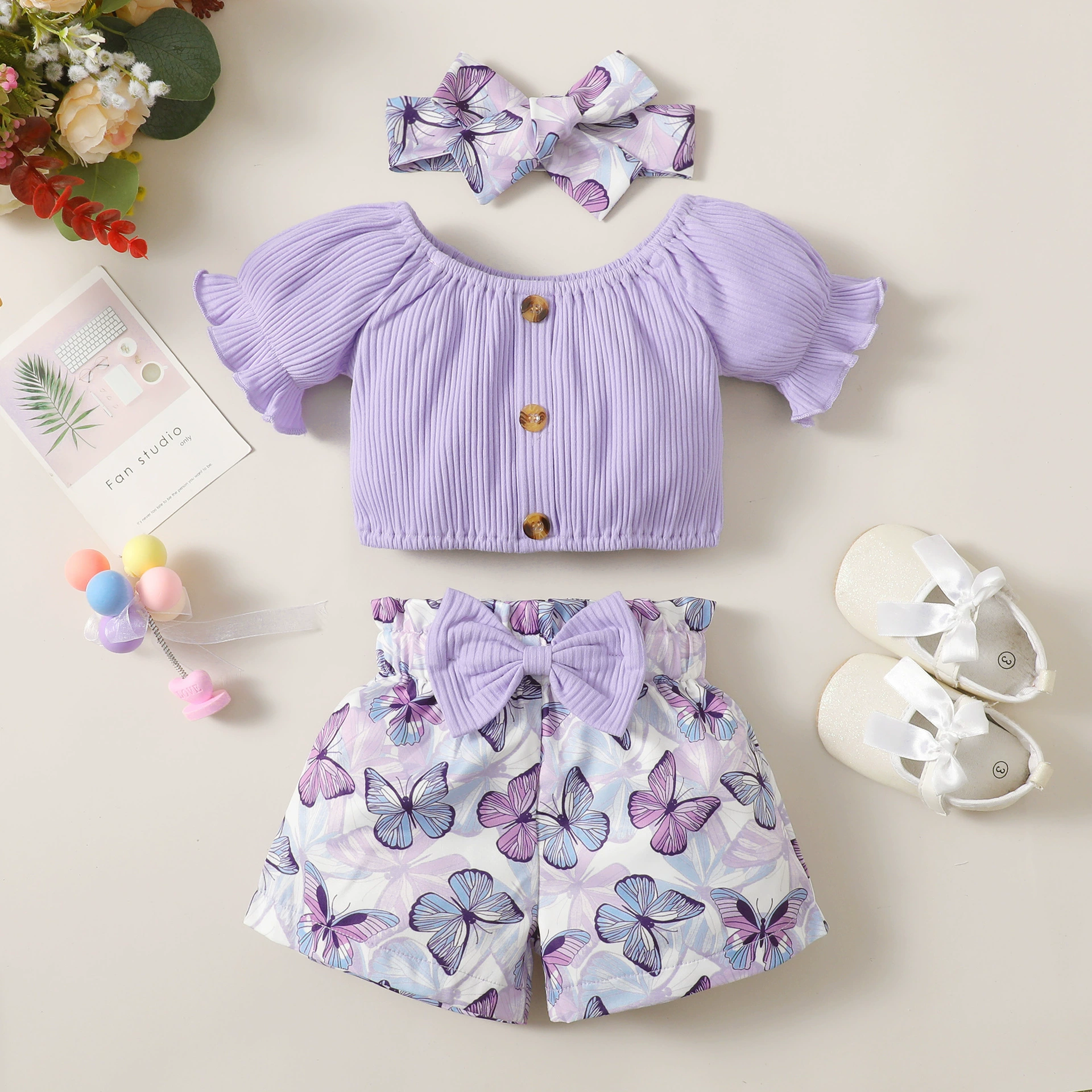 Летняя футболка с короткими рукавами для девочек, брюки, шарф, набор