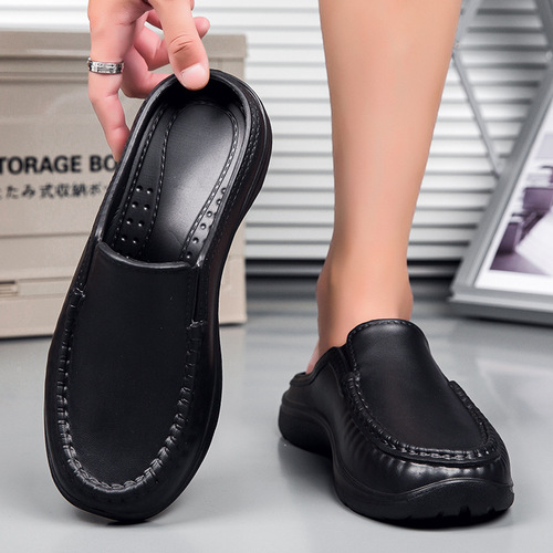 New EVA toe-cap half-slippers for men—casual leather shoes, oil-resistant and non-slip, chef’s shoes, slip-on loafers, driving shoes.
