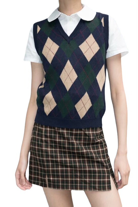 Bm Style Retro Preppy Style Versatile Diamond Plaid Bm Knitted Vest Women's Sweater Short Top