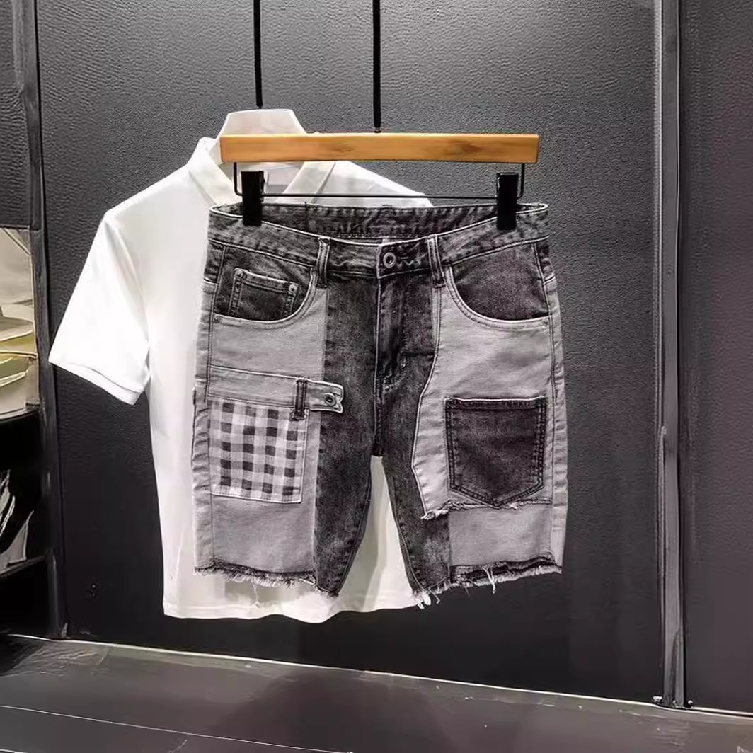2025 New Style Personalized Multi-Pocket Patchwork Color-Block Versatile Denim Shorts Men's Summer Trendy Casual Knee-Length Shorts