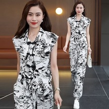 夏新款盘扣水墨画印花休闲套装女短袖时尚洋气减龄哈伦长裤两件套